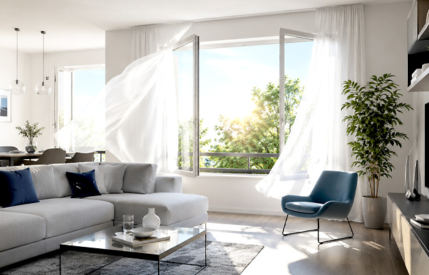 Blog Moderne Wohnung mit offenem Fenster zum Lüften.