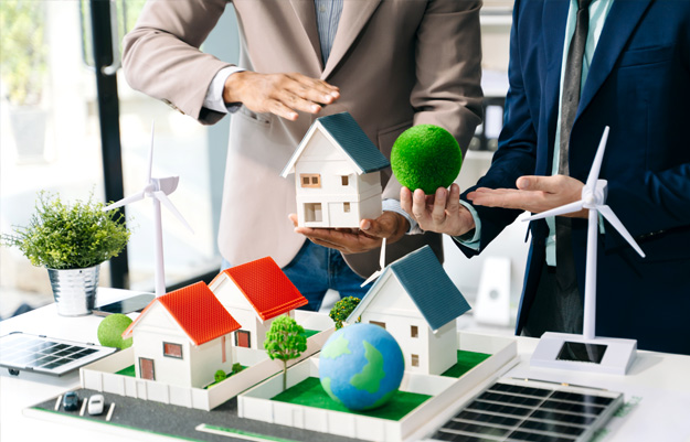 2 Mitarbeiter hinter einem Tisch mit nachhaltigem Haus als Model dargestellt
