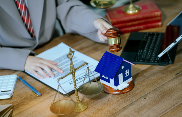 Mietvertrag auf Arbeitstisch mit Modelhaus, Ipad und Taschenrechner.