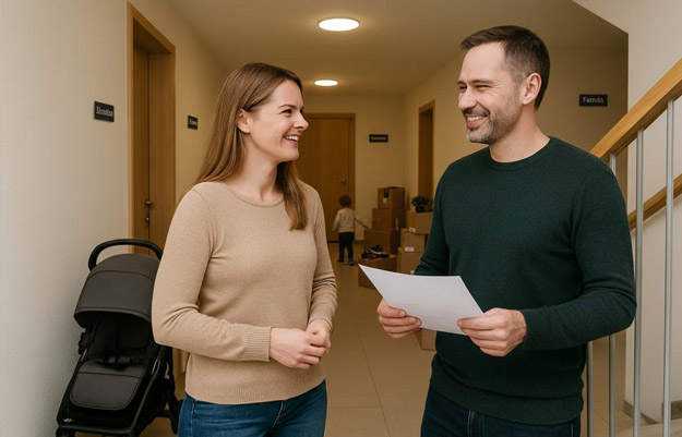 2 Nachbarn stehen im Hausgang gegenüber und lächeln sich an, halten einen Zettel in der Hand.