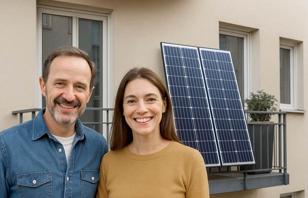 Zwei Menschen, ein Mann und eine Frau stehen for einem Balkon mit einer Solaranlage / Balkonkraftwerk