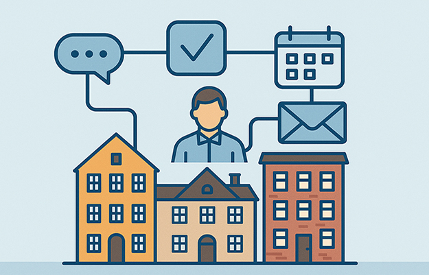 Eine Grafik in der 3 Häuser stehen. Aus einem Haus geht eine Verbindung zu einer Sprechblase, von dort eine Verbindung zu einem Check-Icon, Kalender-Icon, Mail-Icon sowie Person-Icon. Alle sind miteinander vernetzt.